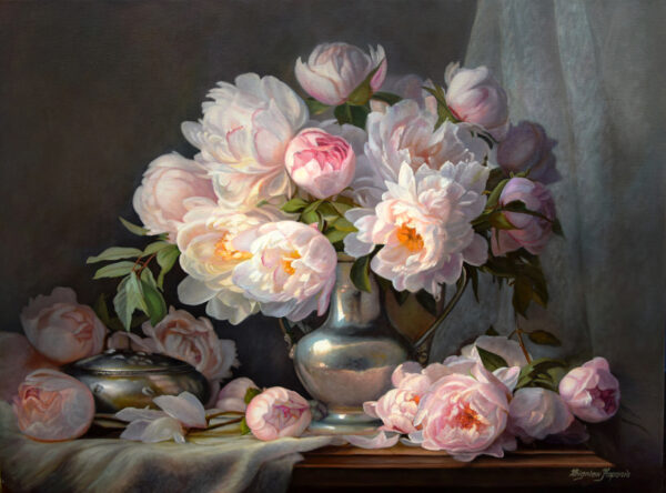 Obraz Olejny Peonie w srebrze