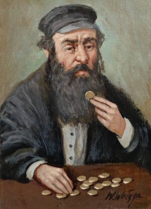 Obraz Olejny  Portret Żydowskiego kupca sprawdzającego monety