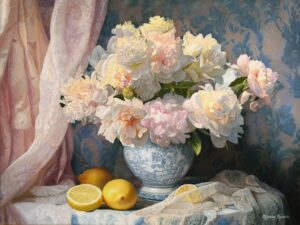 Obraz Olejny  Peonie draperie i cytryny