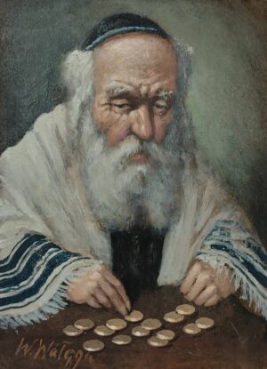 Obraz Olejny Portret żydowskiego kupca przy rozliczeniu