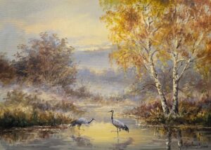 Obraz Olejny Żurawie nad wodą
