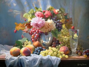Obraz Olejny Martwa natura z różami i owocami