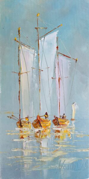 Obraz Olejny Łodzie w błękitnej ciszy